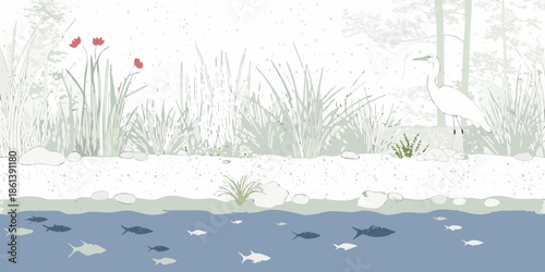 A serene wetland scene featuring a white heron red flowers and fish