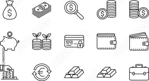 Professional banking and finance line icon set featuring money bag, credit cards, bank building, gold bars, wallet, and currency exchange for business.