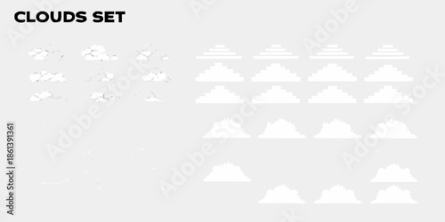 Illustrative set of diverse cloud shapes and formations against a gray background