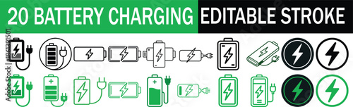 Set of battery charging icons showing different charge levels and states