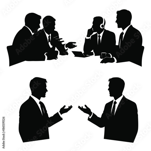 Business professionals engaged in a discussion around a table and negotiating in a modern office environment from a frontal viewpoint