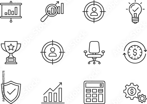 Professional black line business and financial icon set featuring data analytics charts target marketing trophy award lightbulb idea and calculator symbols for corporate presentation.