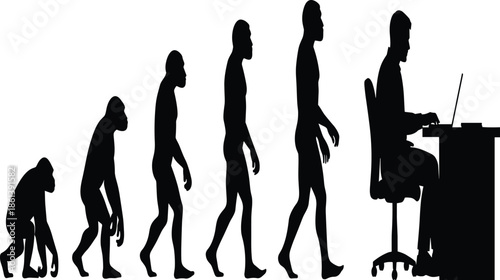 Human evolution silhouette vector set showing primate to modern man, seated at desk, black shapes, posture transition, isolated design, humorous lifestyle concept, expressive transformation 