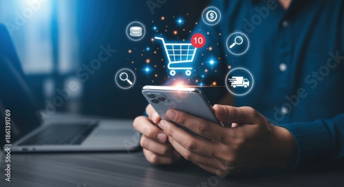 Wallpaper Mural Online Shopping Experience: Man Using Smartphone with Virtual Cart, Delivery, and E-commerce Icons Torontodigital.ca