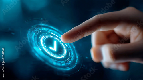 A glowing checkmark interface, symbolizing a successful decision and approval in a digital environment