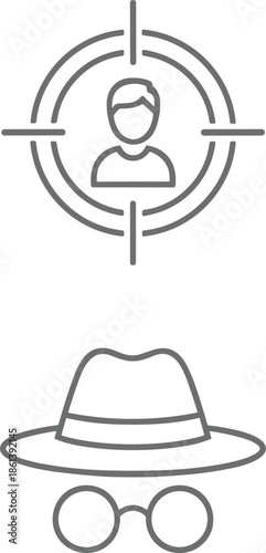 Target audience and incognito mode line icons set featuring person in crosshair and private spy hat with glasses for digital privacy marketing