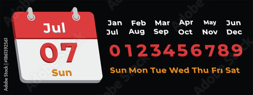 3d calendar template elements, daily planner date page vector with July text numbers and weekdays for appointment reminders and organizer designs