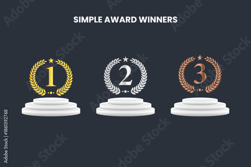 Simple award winners design with gold, silver and bronze laurel wreaths on podium for first, second and third place ranking and achievement.