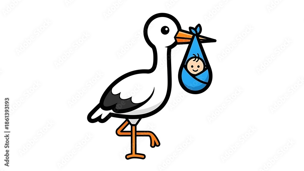 Fototapeta premium Stork Delivering Baby in Cartoon Style.