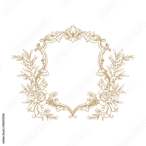 Fotografija Vintage floral wedding crest frame with ornate gold border on white background