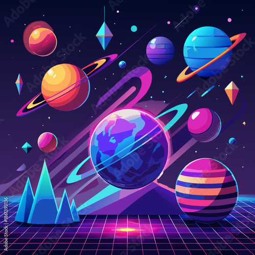 Colorful Space Vector Illustration with Planets and Stars