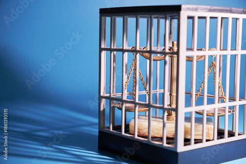 libra scale in a cage against blue background.
