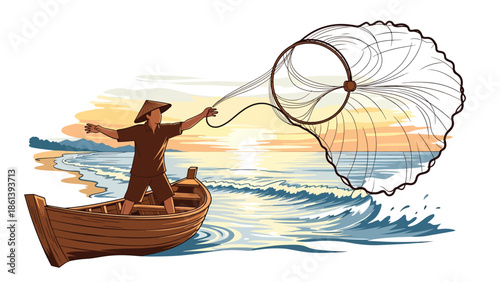 Modern vector illustration of traditional fisherman casting net from wooden boat at sunrise with calm sea and distant coast, cultural fishing lifestyle and sustainable fishery concept