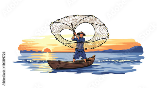 Modern vector illustration of traditional fisherman casting net from wooden boat at sunrise with calm sea and distant coast, cultural fishing lifestyle and sustainable fishery concept