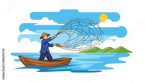 Modern vector illustration of traditional fisherman casting net from wooden boat at sunrise with calm sea and distant coast, cultural fishing lifestyle and sustainable fishery concept