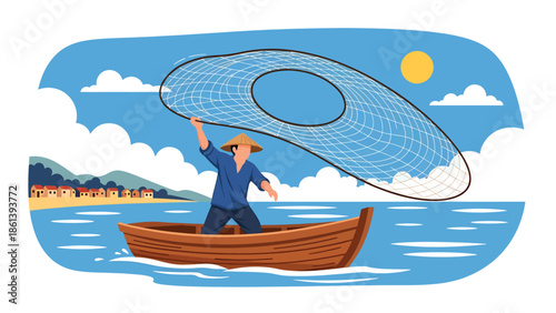 Modern vector illustration of traditional fisherman casting net from wooden boat at sunrise with calm sea and distant coast, cultural fishing lifestyle and sustainable fishery concept