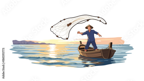 Modern vector illustration of traditional fisherman casting net from wooden boat at sunrise with calm sea and distant coast, cultural fishing lifestyle and sustainable fishery concept
