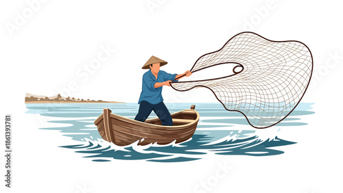 Modern vector illustration of traditional fisherman casting net from wooden boat at sunrise with calm sea and distant coast, cultural fishing lifestyle and sustainable fishery concept