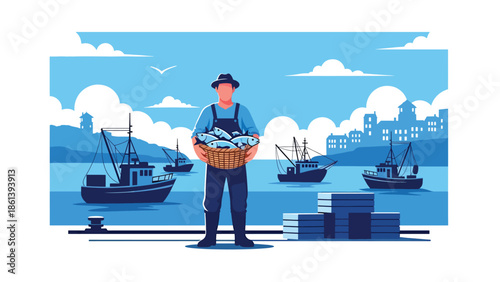 Modern vector illustration of fisherman holding fresh fish basket on harbor dock with boats and coastal town background, small scale fishing economy and seafood trade concept