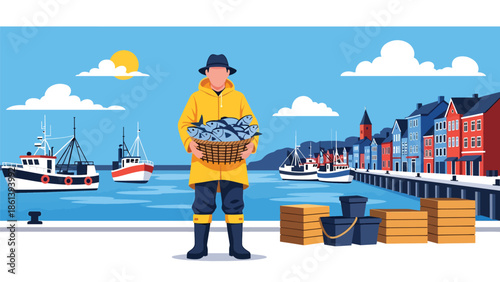 Modern vector illustration of fisherman holding fresh fish basket on harbor dock with boats and coastal town background, small scale fishing economy and seafood trade concept