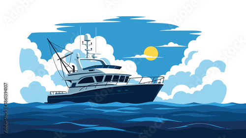 Modern vector illustration of advanced fishing boat with radar and navigation equipment sailing on open sea, modern fishery technology and maritime innovation concept