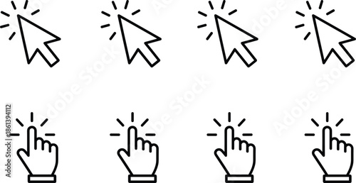 Black minimalist computer mouse cursor and hand clicking icon set featuring arrow pointers and touch finger symbols for web user interface and digital app interaction.