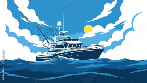 Modern vector illustration of advanced fishing boat with radar and navigation equipment sailing on open sea, modern fishery technology and maritime innovation concept