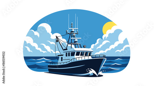 Modern vector illustration of advanced fishing boat with radar and navigation equipment sailing on open sea, modern fishery technology and maritime innovation concept