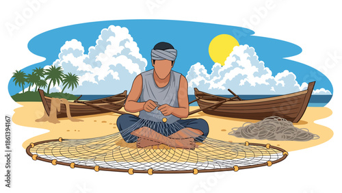 Modern vector illustration of traditional fisherman repairing fishing nets on sandy shore with boats and palm trees, heritage fishing culture and coastal livelihood concept