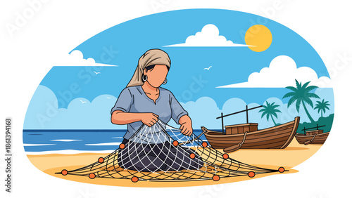 Modern vector illustration of traditional fisherman repairing fishing nets on sandy shore with boats and palm trees, heritage fishing culture and coastal livelihood concept