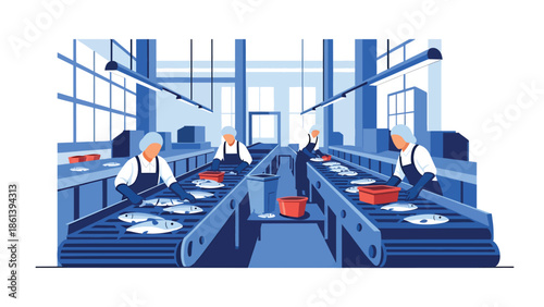 Modern vector illustration of seafood processing facility with workers sorting fish inside clean industrial space, fishery industry, food safety, and seafood production concept