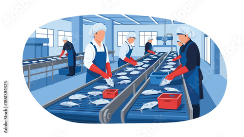 Modern vector illustration of seafood processing facility with workers sorting fish inside clean industrial space, fishery industry, food safety, and seafood production concept