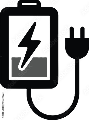 Battery charging icon with power plug and lightning bolt symbol