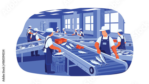 Modern vector illustration of seafood processing facility with workers sorting fish inside clean industrial space, fishery industry, food safety, and seafood production concept