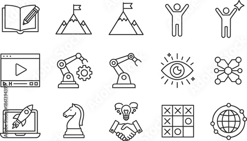 Business strategy and success line icons set featuring mountain peak with flag rocket launch chess knight robot arm globe and teamwork handshake