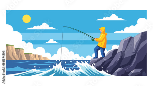 Modern vector illustration of fisherman fishing with rod from rocky coastline with waves and cliffs, artisanal fishing lifestyle and coastal leisure fishery concept