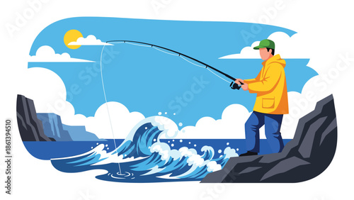 Modern vector illustration of fisherman fishing with rod from rocky coastline with waves and cliffs, artisanal fishing lifestyle and coastal leisure fishery concept
