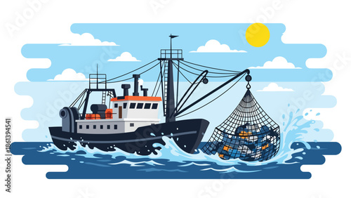 Modern vector illustration of industrial trawler hauling large fishing net full of fish on open ocean, commercial seafood harvest and fishery production concept