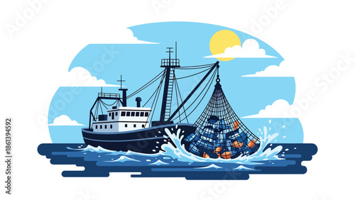 Modern vector illustration of industrial trawler hauling large fishing net full of fish on open ocean, commercial seafood harvest and fishery production concept