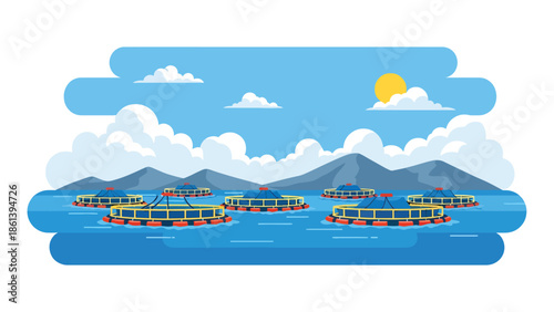 Modern vector illustration of offshore aquaculture fish farm with floating cages and calm sea, sustainable seafood farming and modern fishery industry concept
