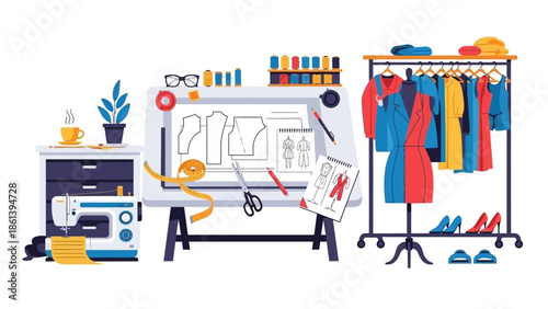 Fashion Design Studio: Sewing Machine, Patterns, Dress Form, Clothes Rack