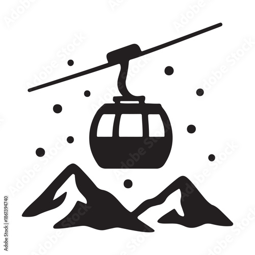Graphic icon of a ski resort cable car above snow-covered mountains with falling snow, representing winter sports, mountain travel, and high-altitude adventures