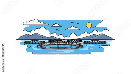 Modern vector illustration of offshore aquaculture fish farm with floating cages and calm sea, sustainable seafood farming and modern fishery industry concept