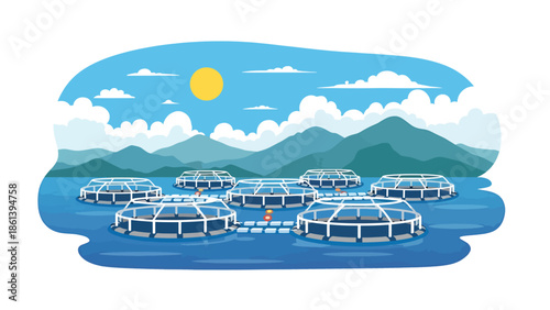 Modern vector illustration of offshore aquaculture fish farm with floating cages and calm sea, sustainable seafood farming and modern fishery industry concept