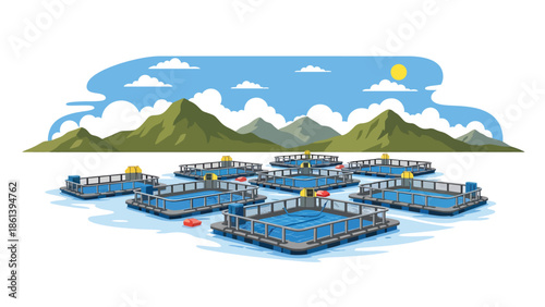 Modern vector illustration of offshore aquaculture fish farm with floating cages and calm sea, sustainable seafood farming and modern fishery industry concept