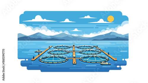 Modern vector illustration of offshore aquaculture fish farm with floating cages and calm sea, sustainable seafood farming and modern fishery industry concept