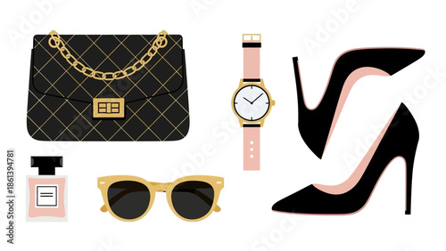 Fashion Accessories Set: Handbag, Heels, Watch, Sunglasses, Perfume