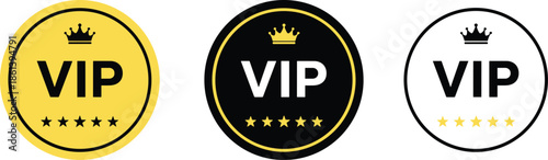 Luxury VIP membership badge set featuring gold, black, and white circular labels with elegant crowns and five stars for premium quality service branding.