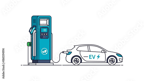 Electric Car Charging Station with EV Car Connected