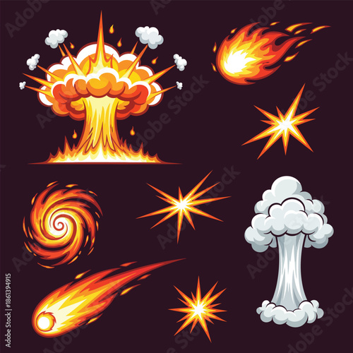 Cartoon bomb explosion blast effect, cartoon explosive effect, comic blast, smoke clouds, steam clouds, puff, mist, fog, energy explosion, flame smoke cloud, vector illustration